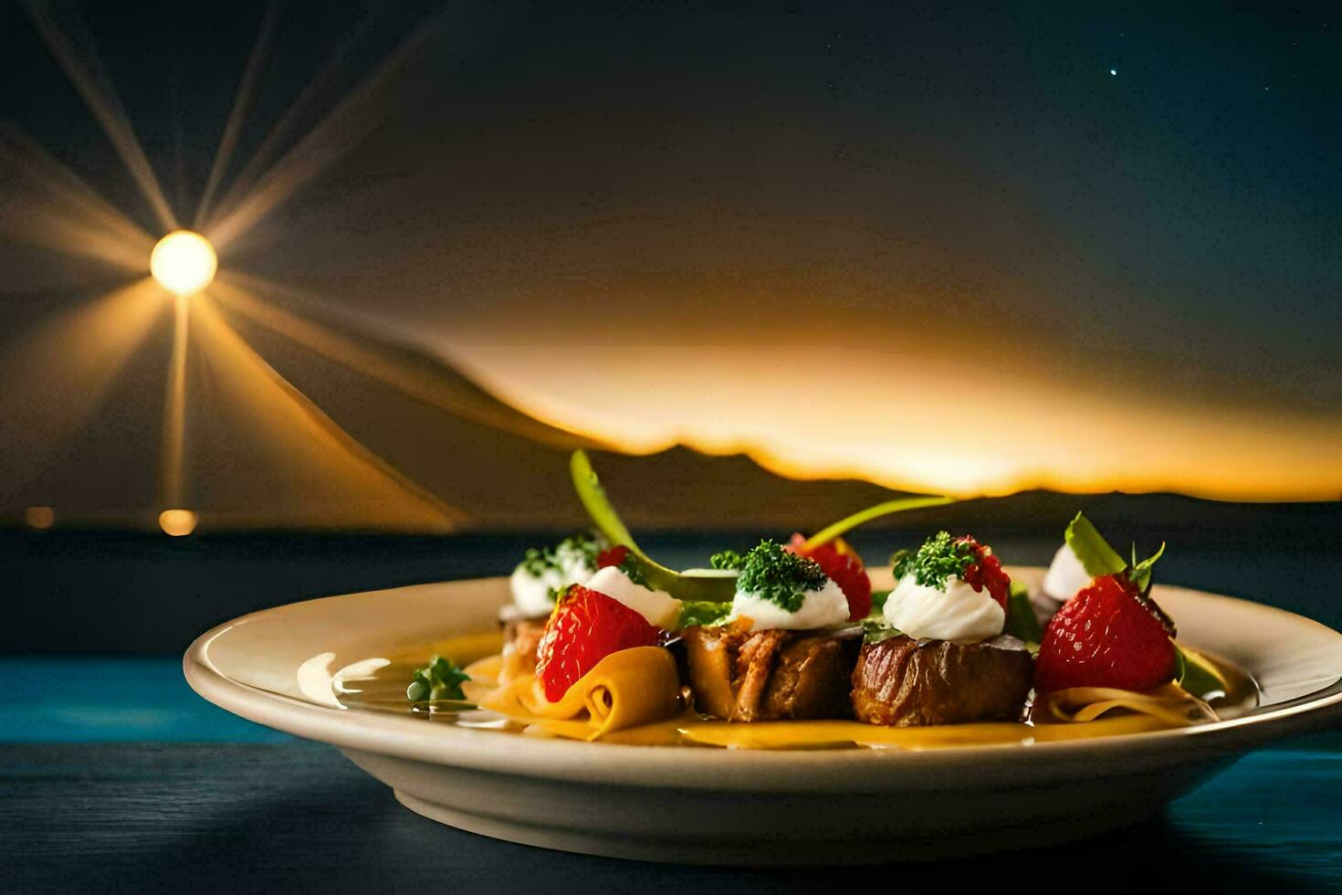 een bord van voedsel met aardbeien en room Aan een tafel. ai-gegenereerd foto