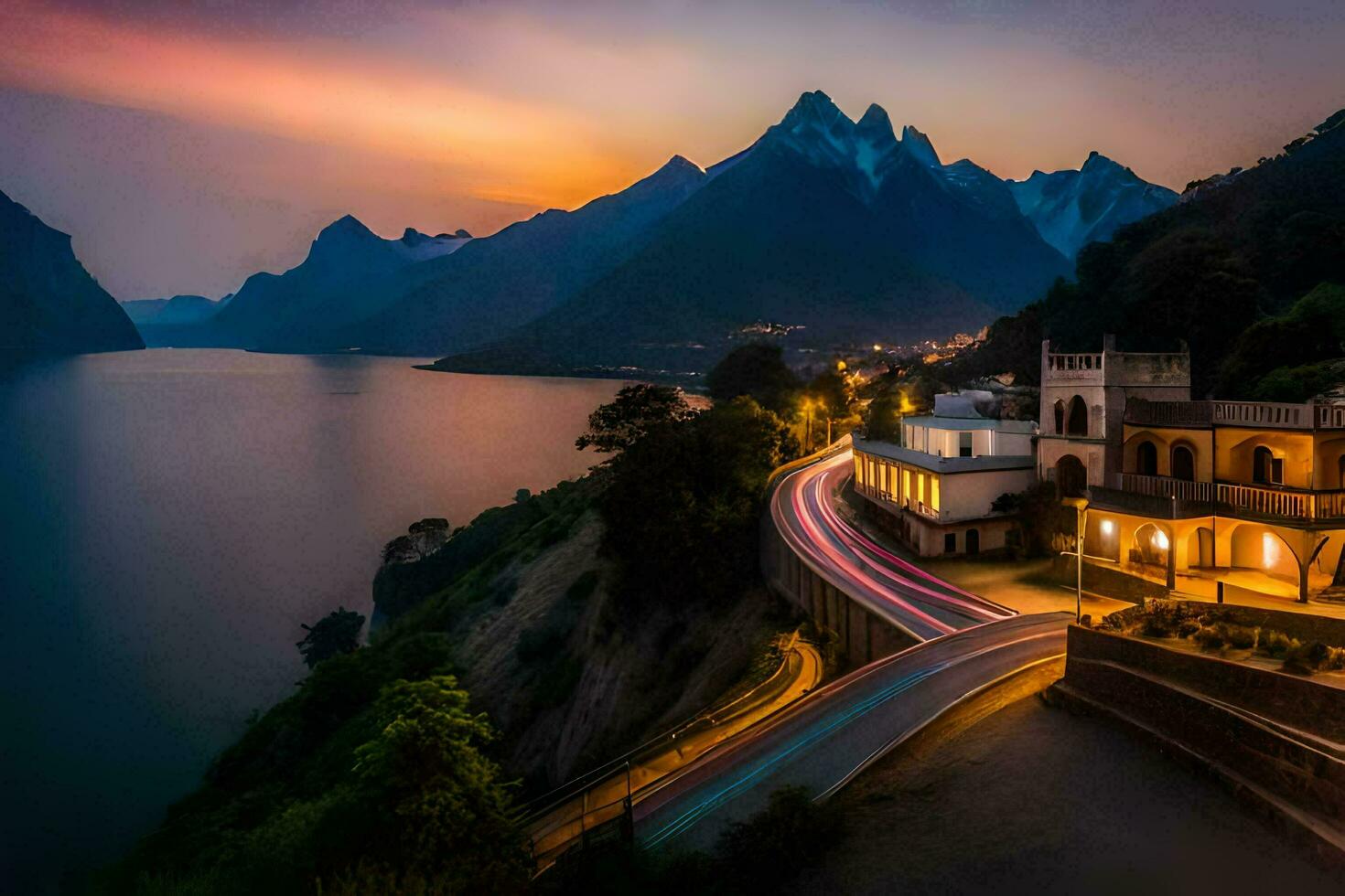 een zonsondergang over- de bergen en meer. ai-gegenereerd foto