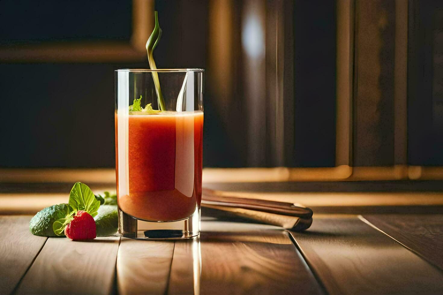 een glas van sap met een aardbei garneer Aan een houten tafel. ai-gegenereerd foto