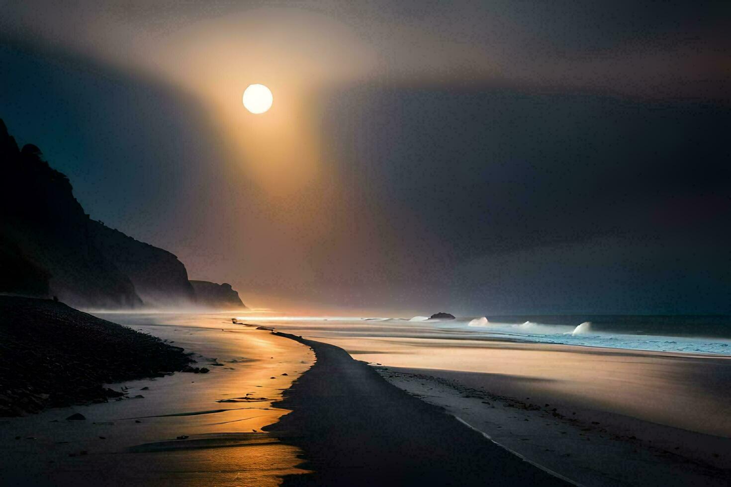 een vol maan schijnt over- de oceaan en een strand. ai-gegenereerd foto