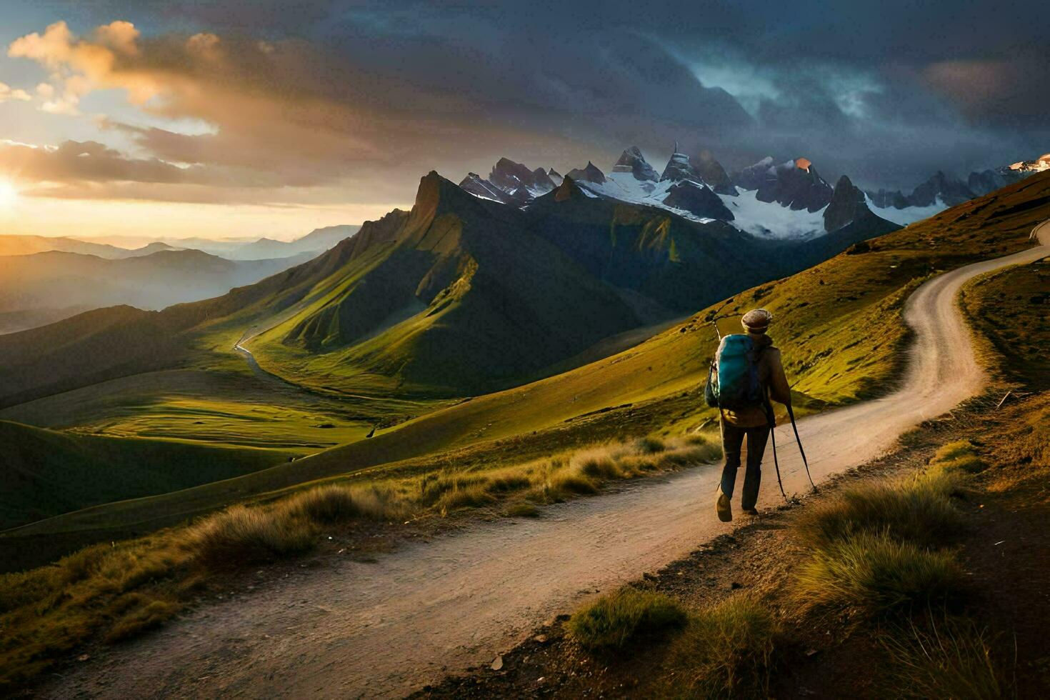 een Mens wandelingen Aan een pad in de bergen. ai-gegenereerd foto