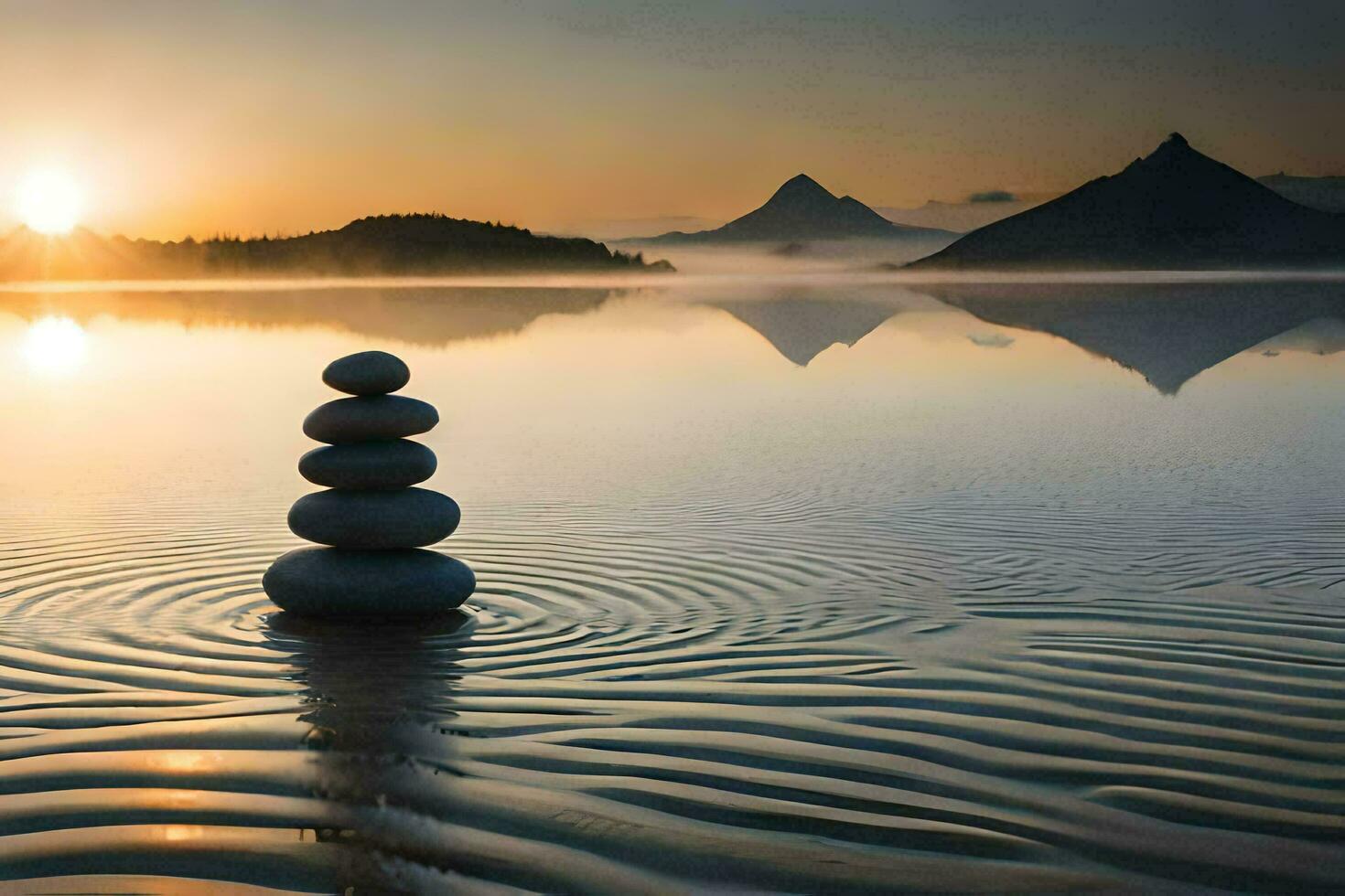 een stack van stenen in de water Bij zonsopkomst. ai-gegenereerd foto