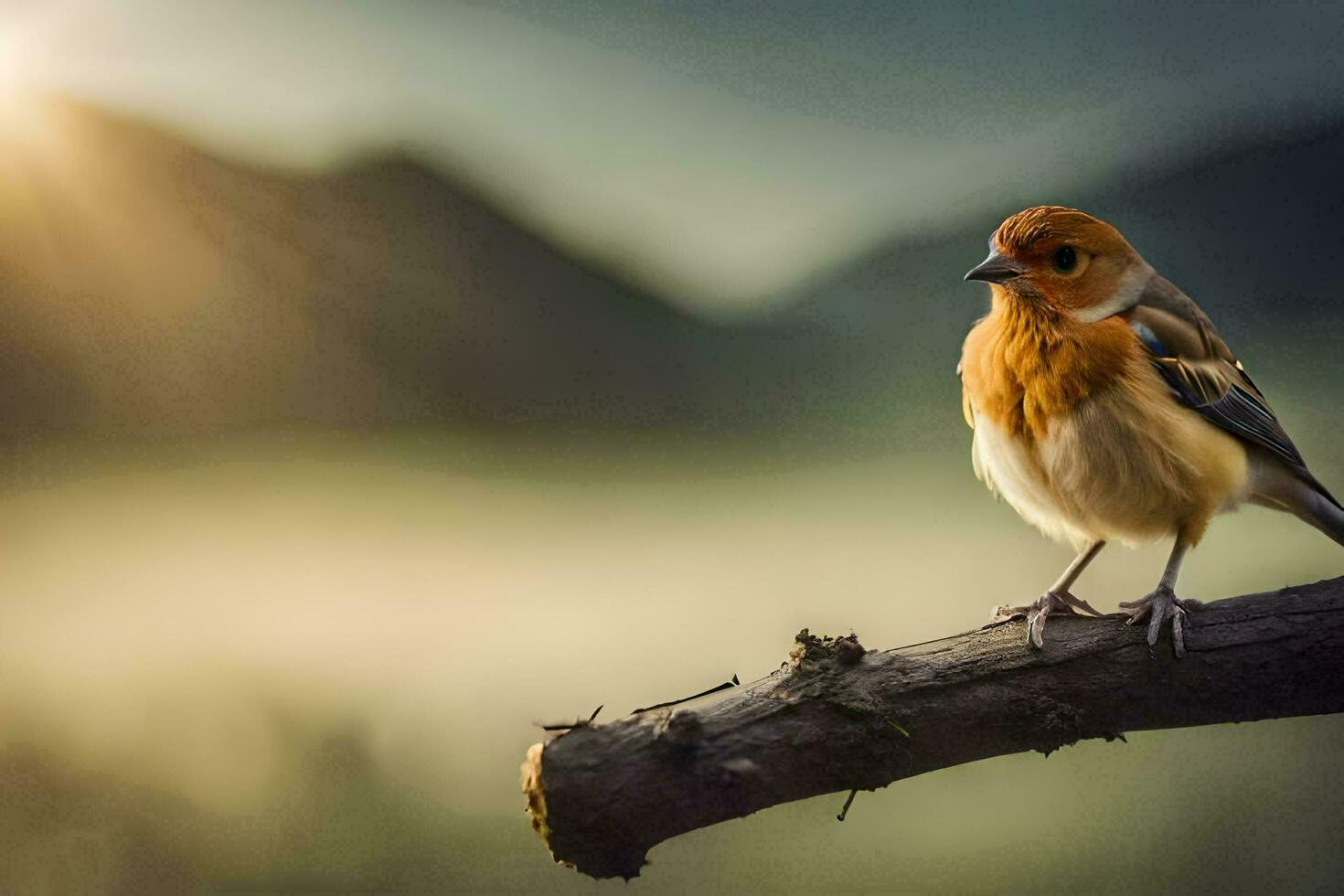 een vogel zit Aan een Afdeling in voorkant van een mistig achtergrond. ai-gegenereerd foto