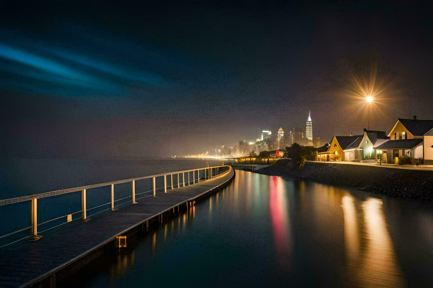 een lang blootstelling fotograaf van een pier Bij nacht. ai-gegenereerd foto