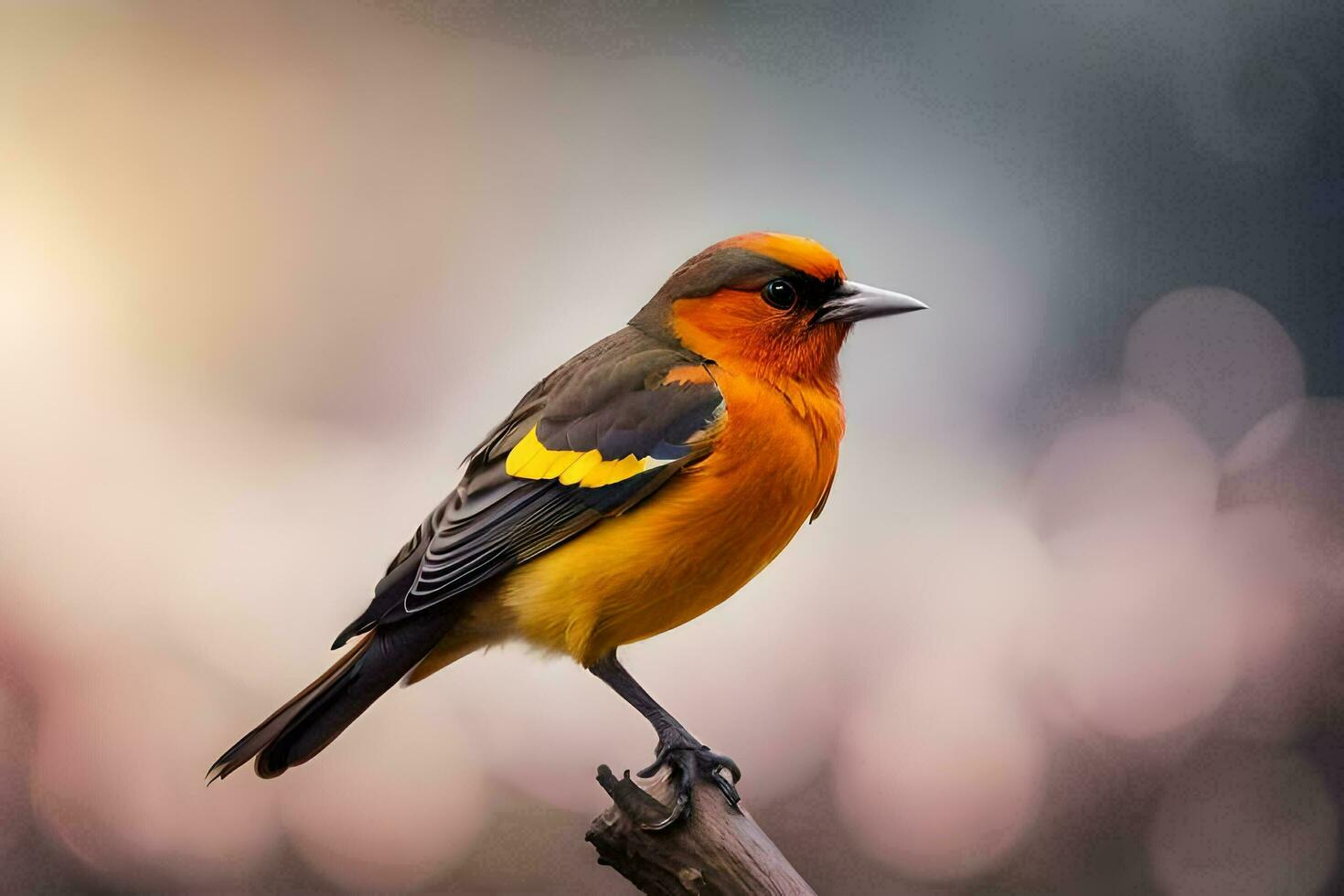 een vogel met oranje en zwart veren zittend Aan een Afdeling. ai-gegenereerd foto