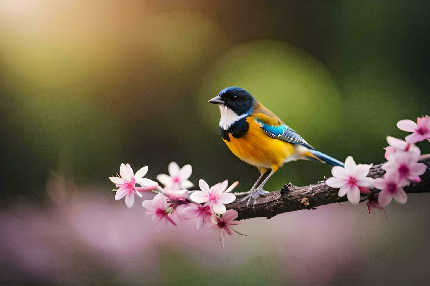 een vogel is neergestreken Aan een Afdeling met roze bloemen. ai-gegenereerd foto