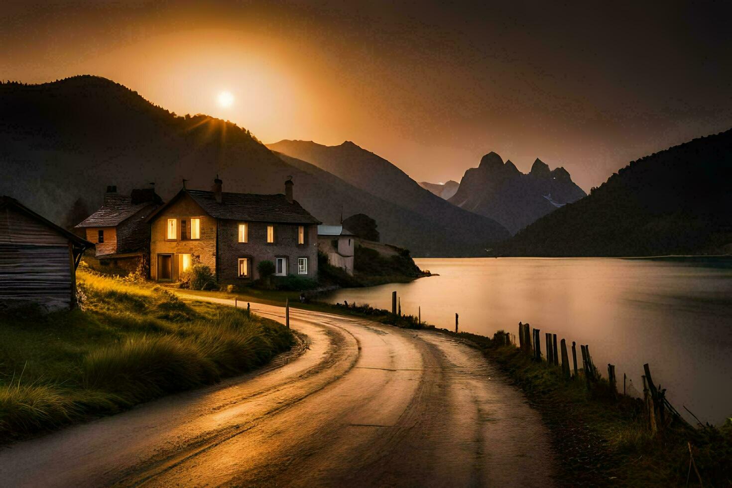 foto behang de lucht, weg, huis, bergen, meer, weg, de zon, weg. ai-gegenereerd