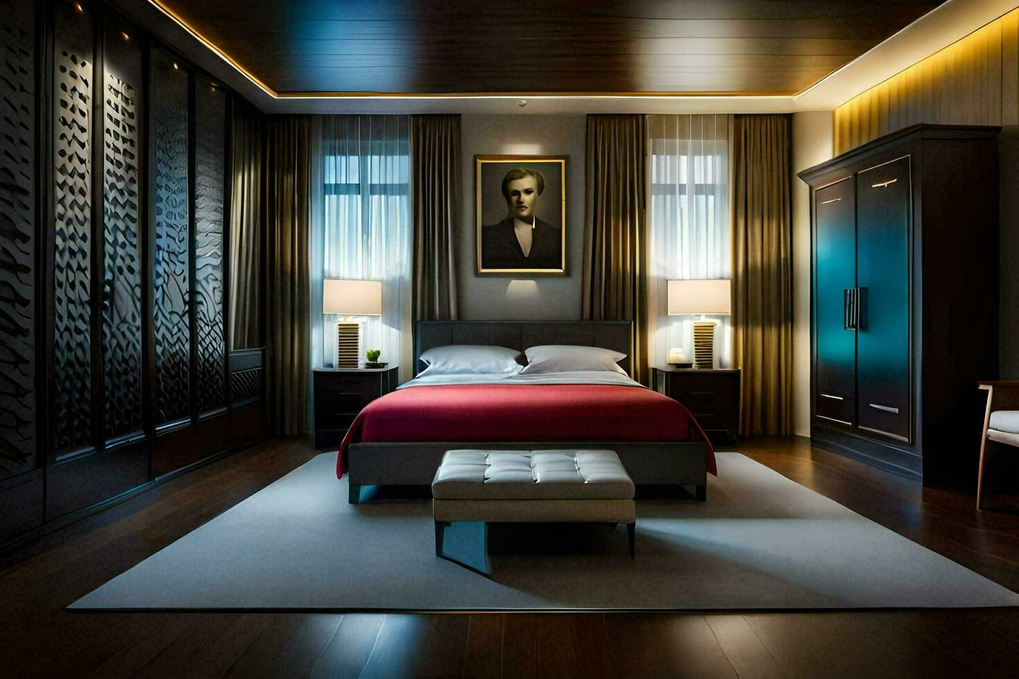 een slaapkamer met een bed, dressoir en een schilderen. ai-gegenereerd foto