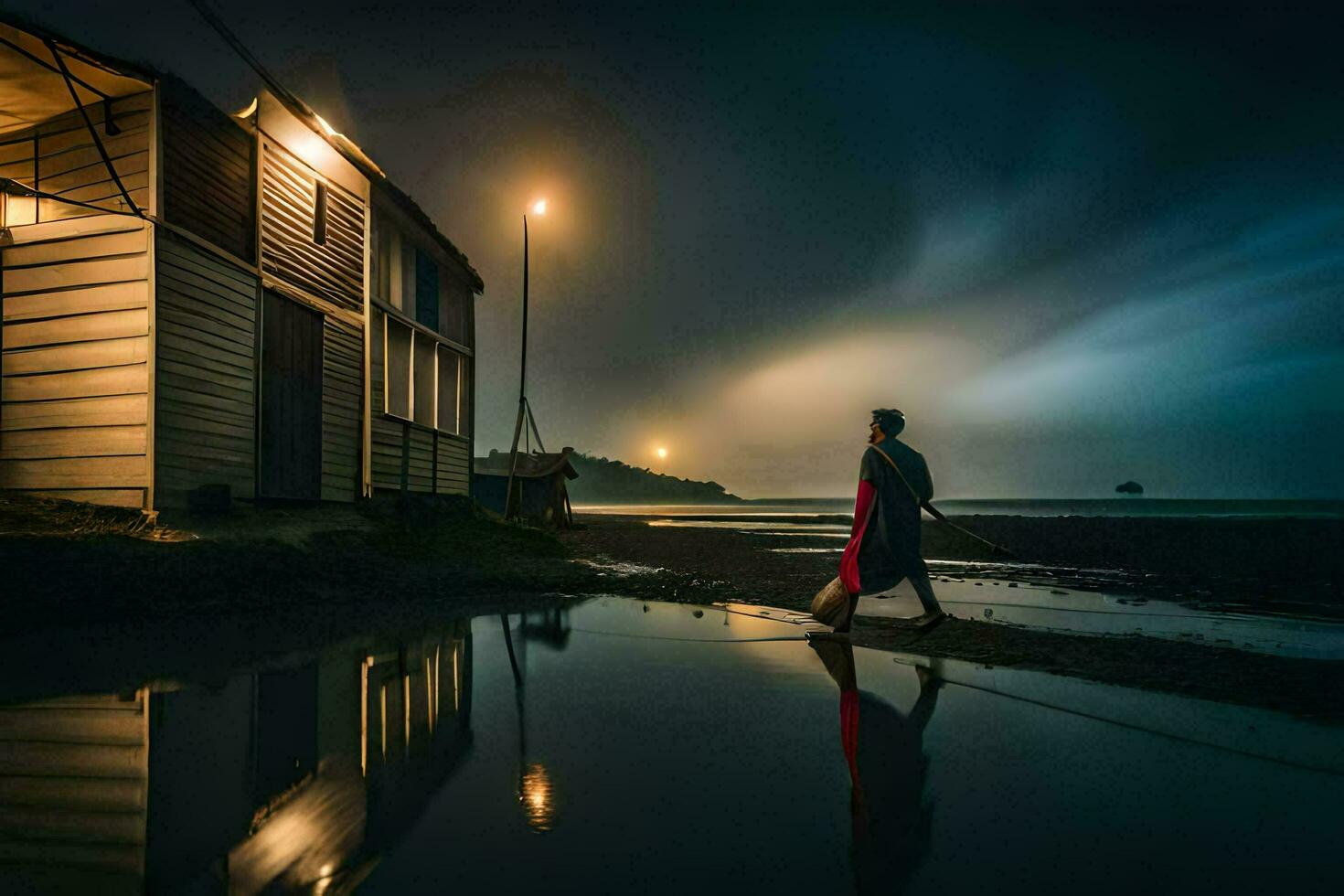 een Mens wandelen Aan de strand Bij nacht met een lantaarn. ai-gegenereerd foto