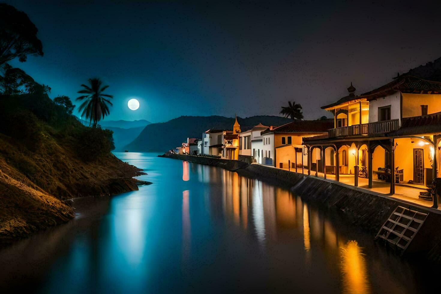 een rivier- Bij nacht met huizen en een maan. ai-gegenereerd foto