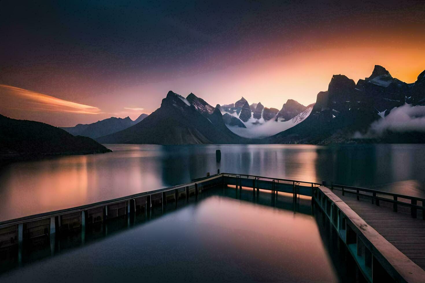 een pier Bij zonsondergang met bergen in de achtergrond. ai-gegenereerd foto