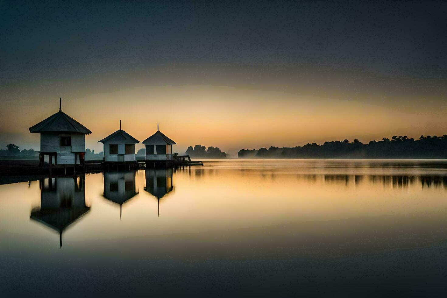 de meer is kalmte en de zon is instelling. ai-gegenereerd foto