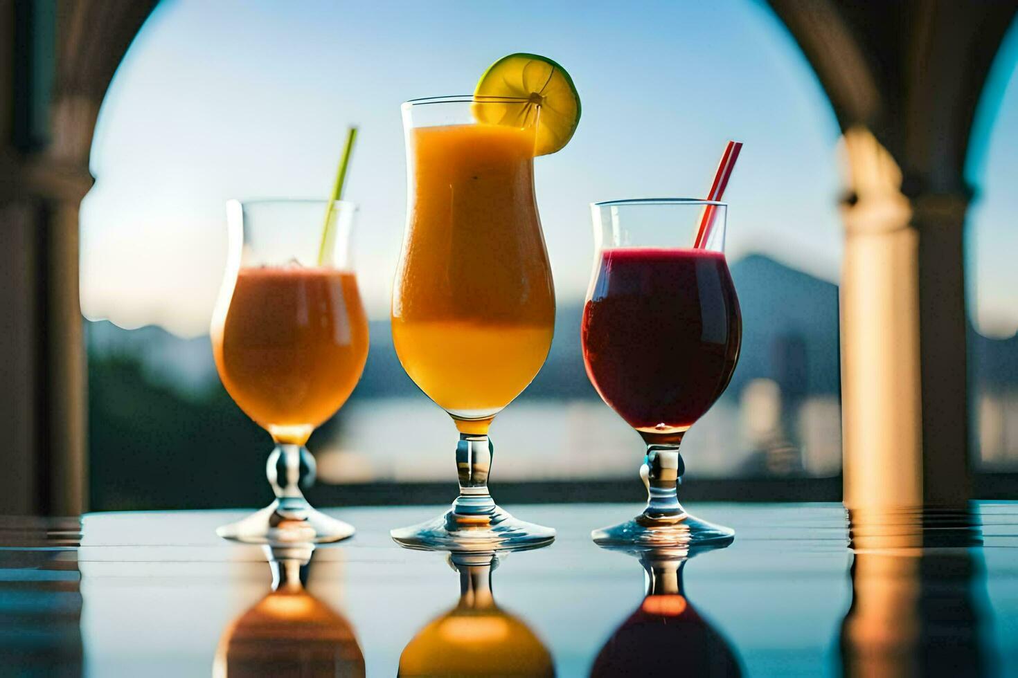 drie bril van verschillend drankjes Aan een tafel. ai-gegenereerd foto