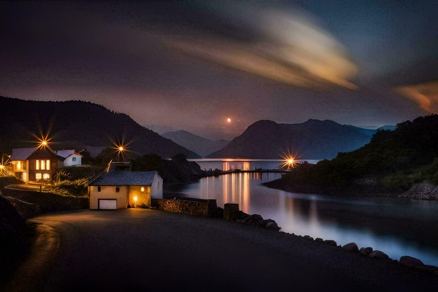 foto behang de lucht, nacht, maan, water, huis, weg, dorp, Noorwegen. ai-gegenereerd