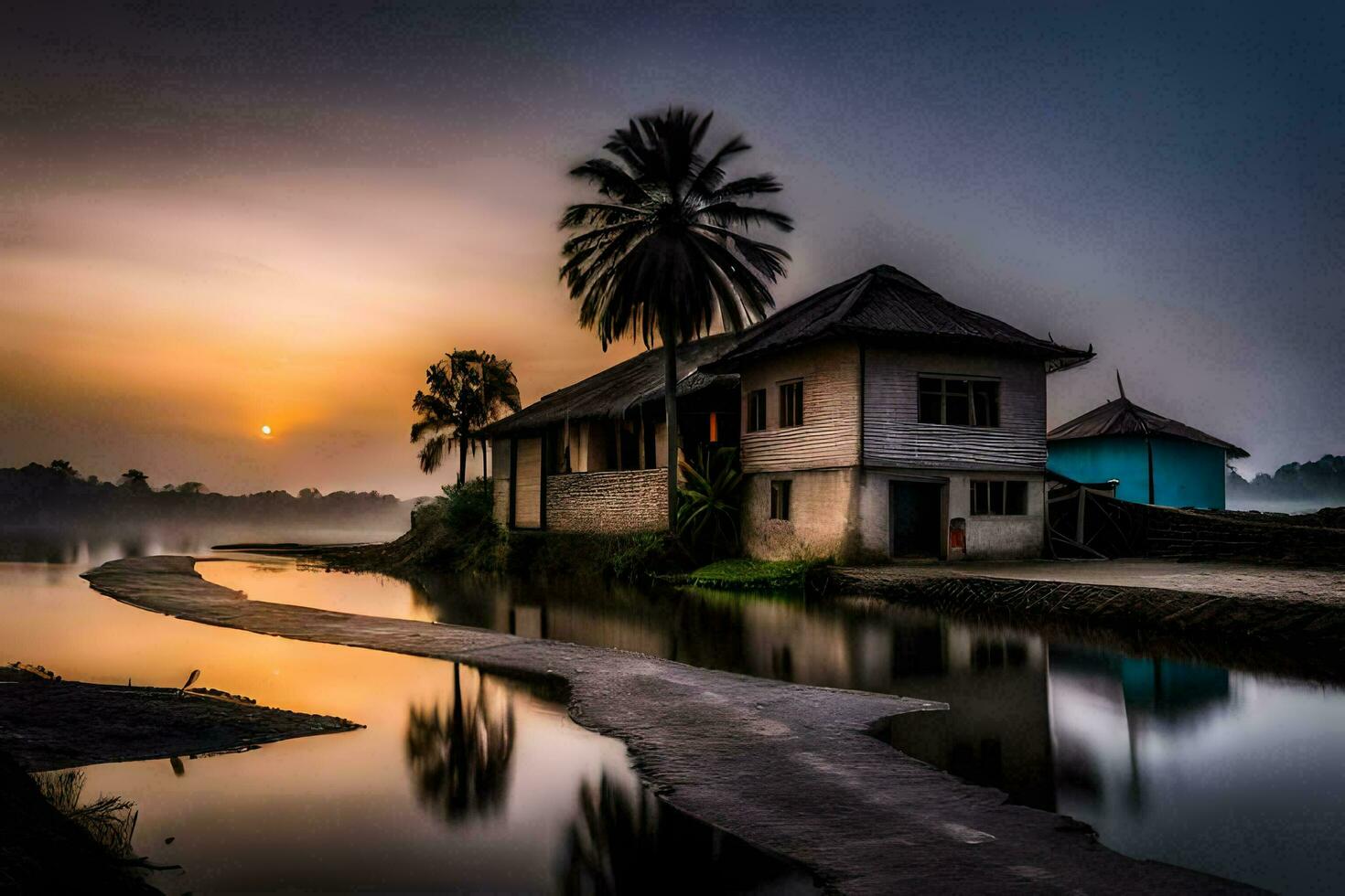 een huis en palm bomen in de water Bij zonsondergang. ai-gegenereerd foto