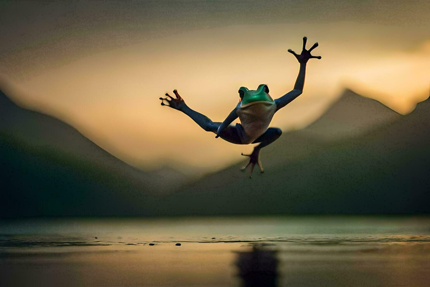 een kikker jumping in de lucht met haar poten verspreiding. ai-gegenereerd foto