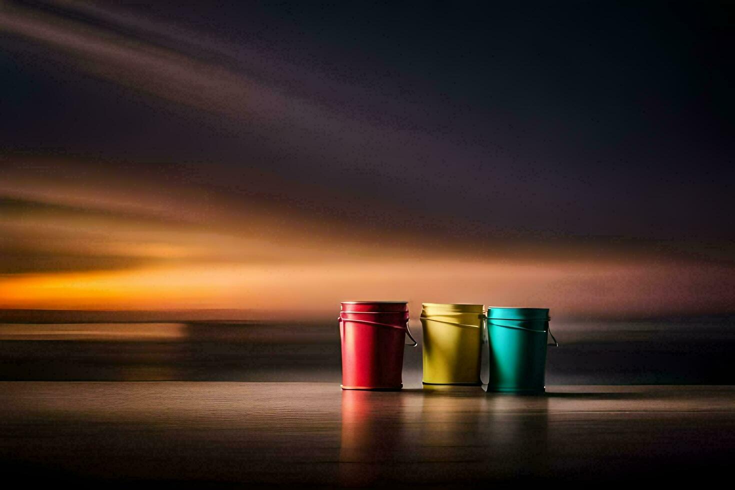 drie kleurrijk emmers zitten Aan een tafel in voorkant van de oceaan. ai-gegenereerd foto