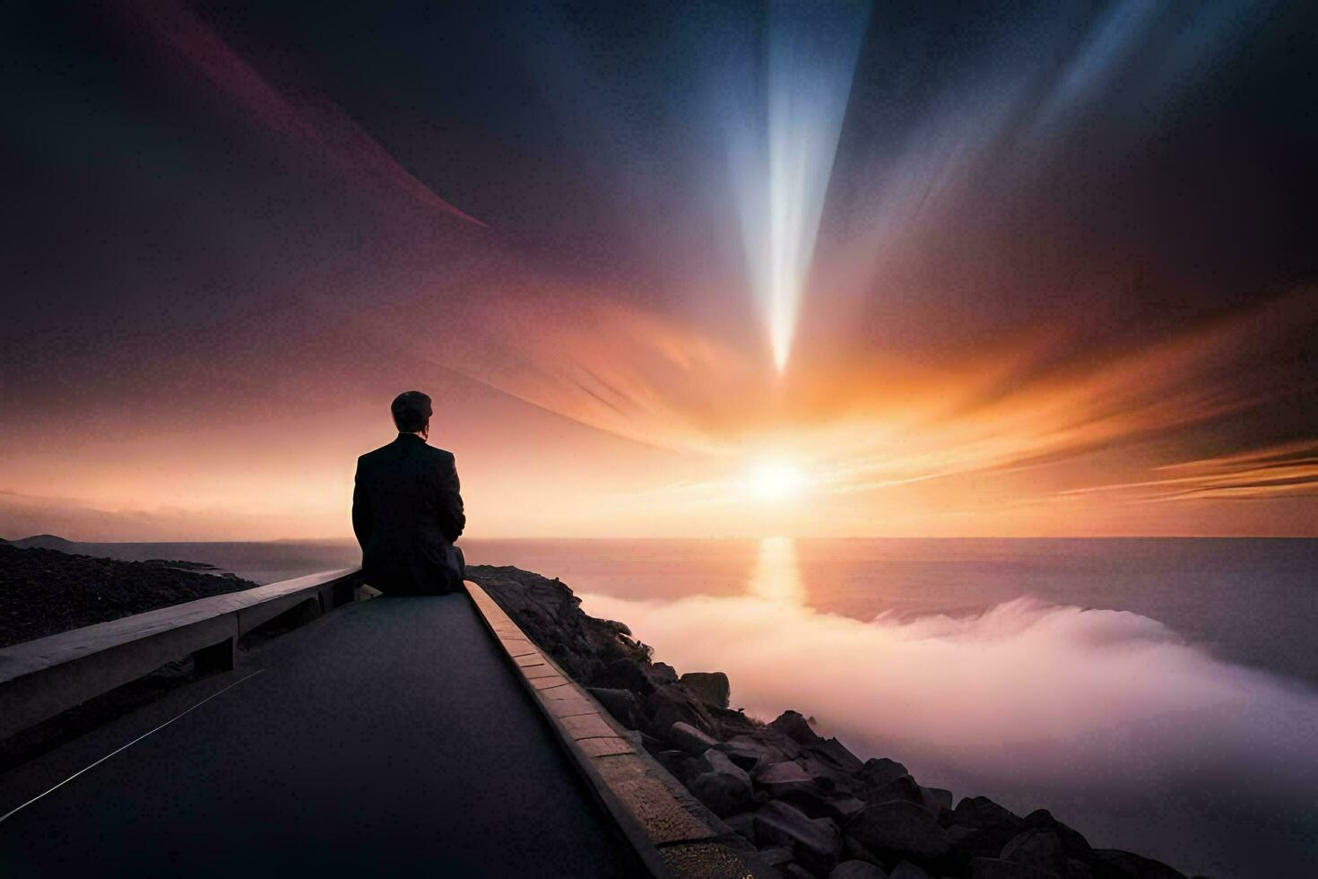 een Mens zittend Aan een brug met uitzicht de oceaan Bij zonsondergang. ai-gegenereerd foto