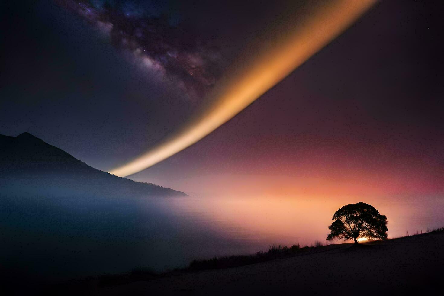 een eenzaam boom staat in de midden- van een meer Bij zonsondergang. ai-gegenereerd foto