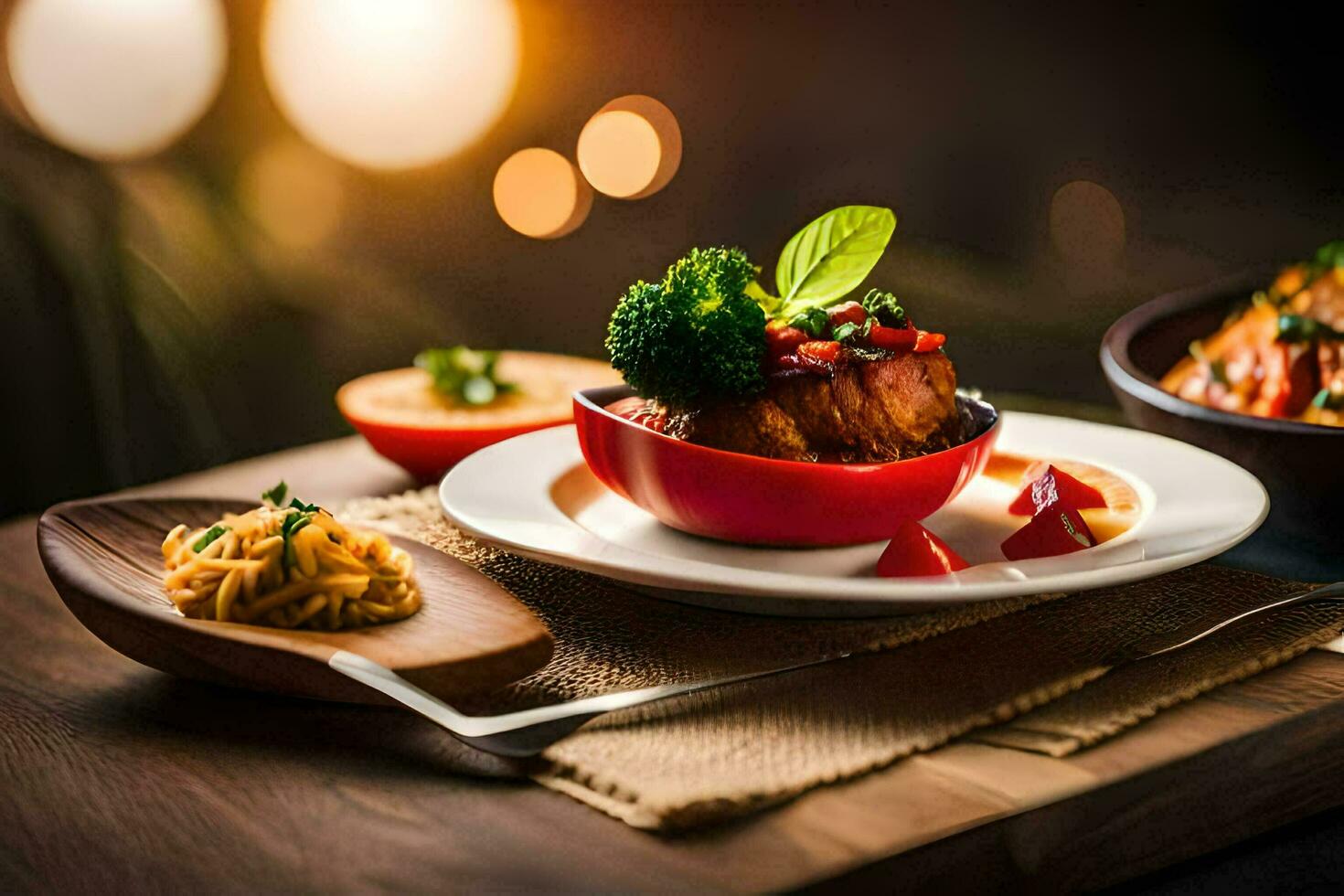 een houten tafel met twee borden van voedsel. ai-gegenereerd foto