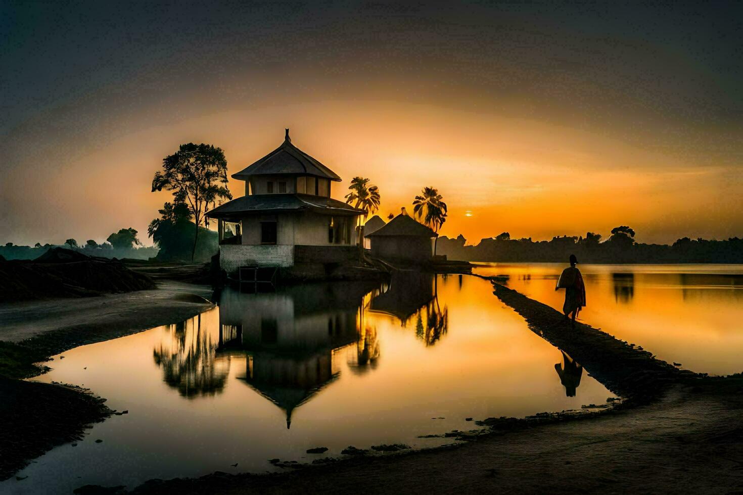 een Mens wandelen aan de overkant de water Bij zonsondergang. ai-gegenereerd foto