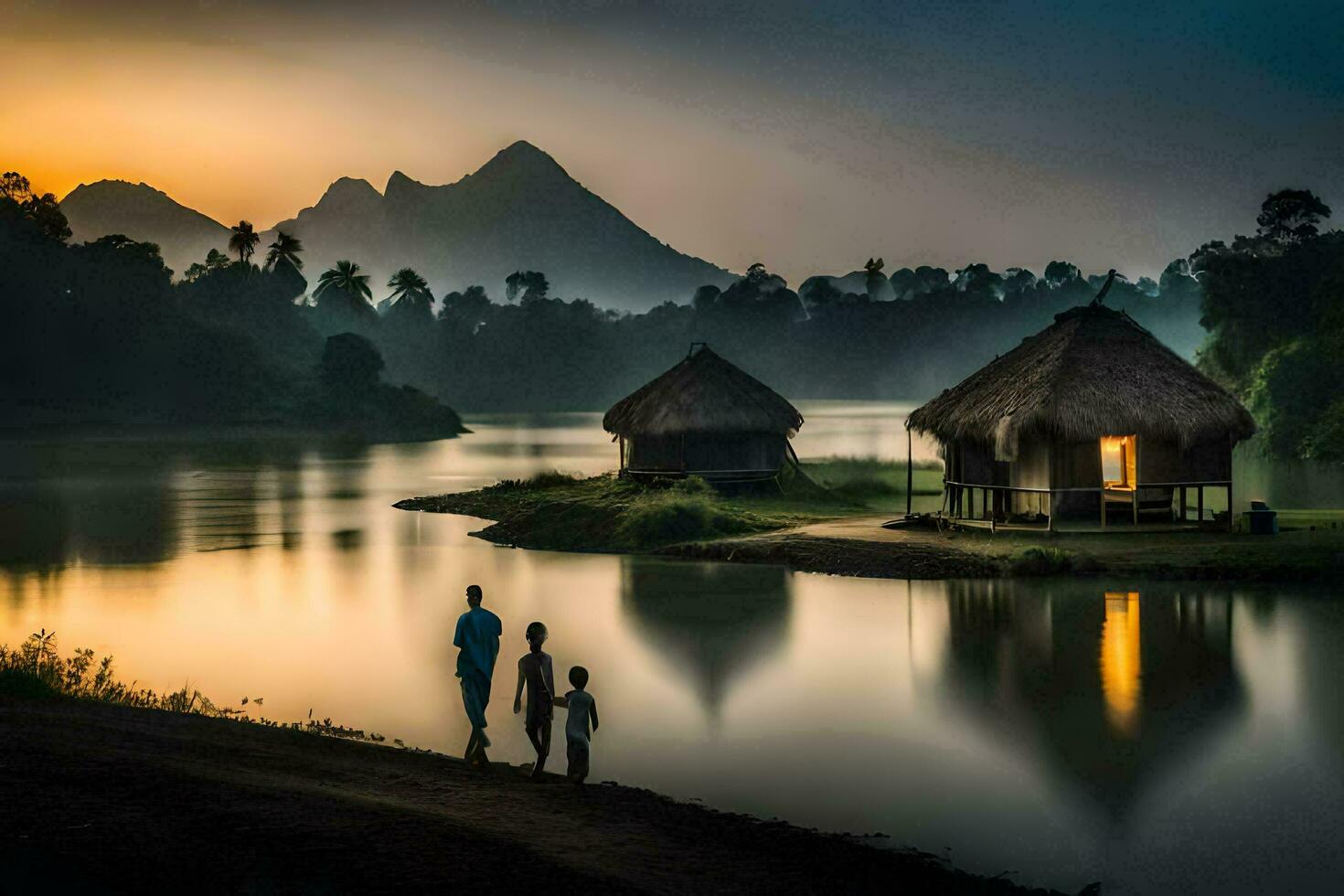 de familie Bij zonsondergang. ai-gegenereerd foto