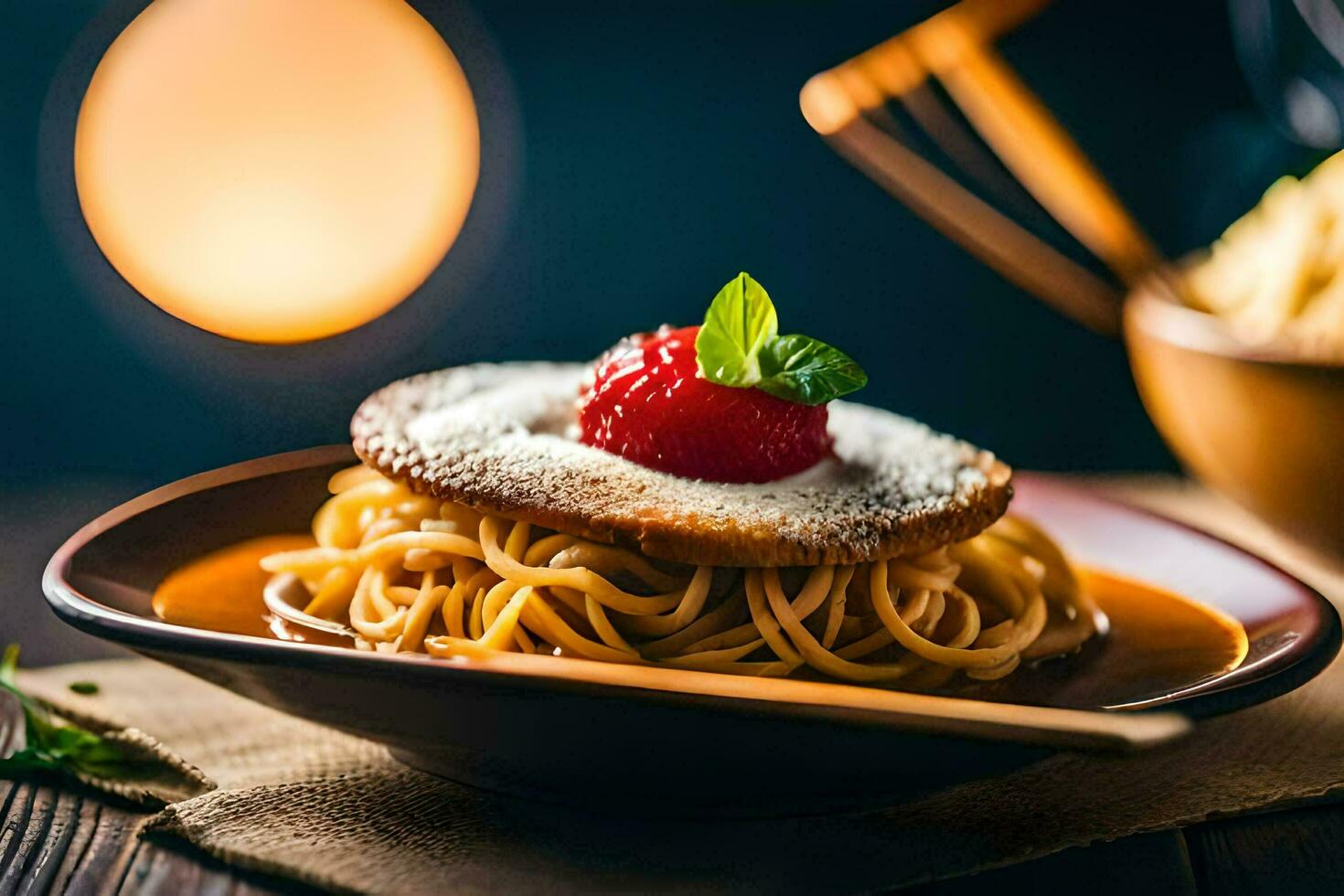 spaghetti met een aardbei Aan top. ai-gegenereerd foto