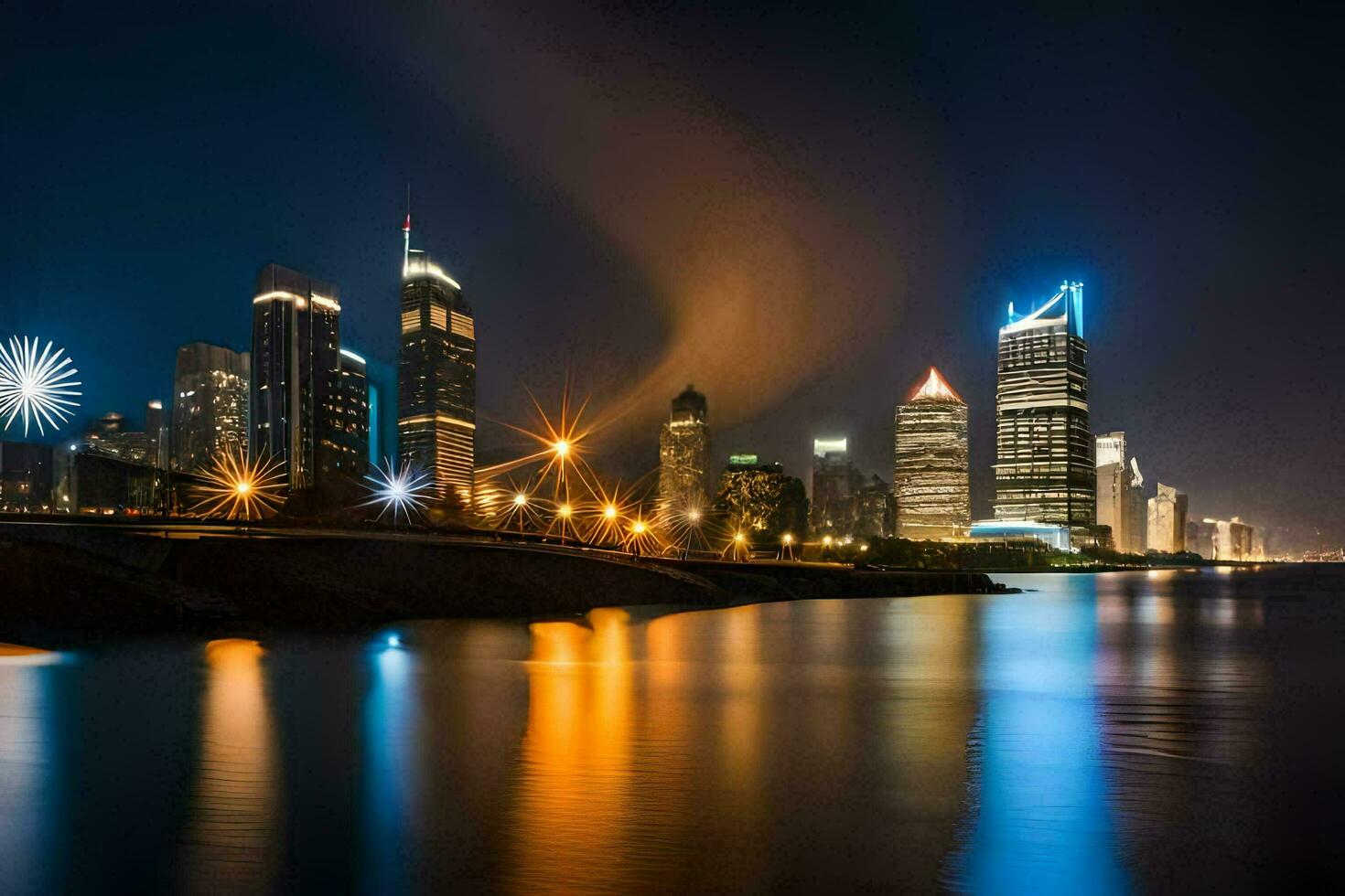 de stad lichten zijn weerspiegeld in de water. ai-gegenereerd foto