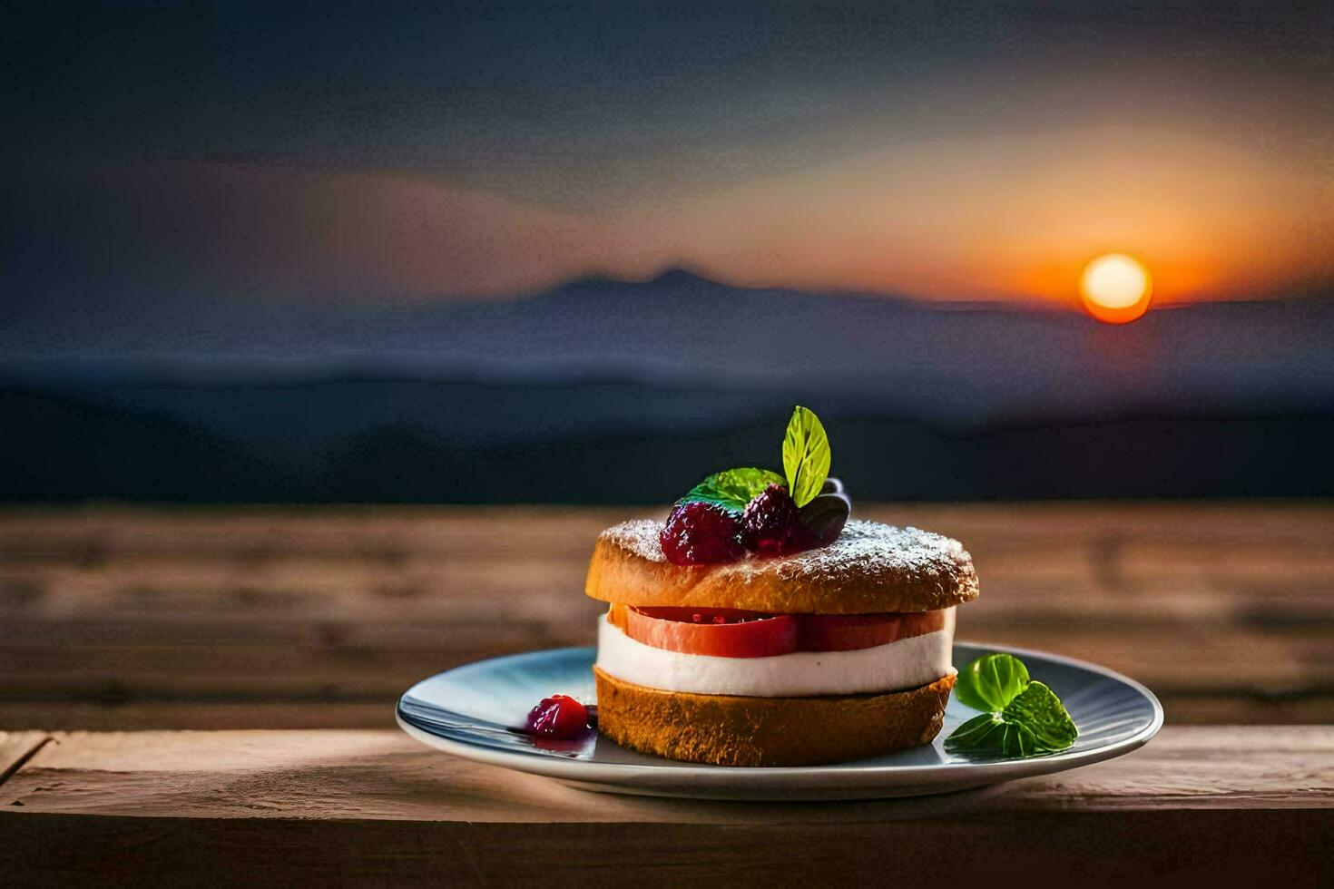 een toetje Aan een bord met een zonsondergang in de achtergrond. ai-gegenereerd foto