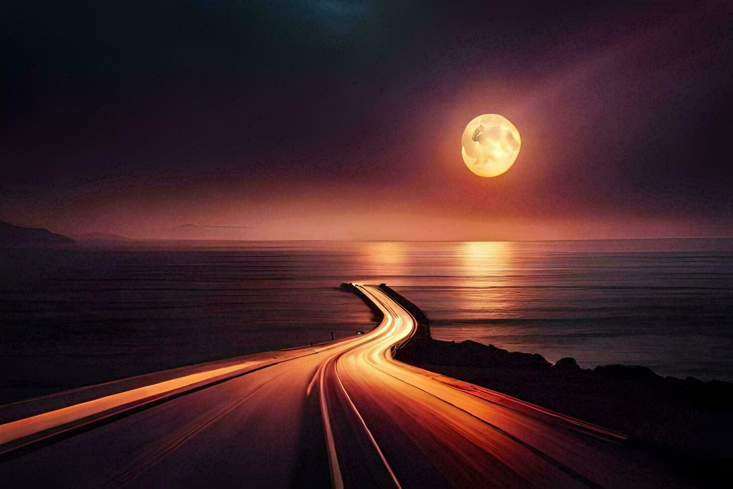 een lang blootstelling foto van een weg en de maan. ai-gegenereerd