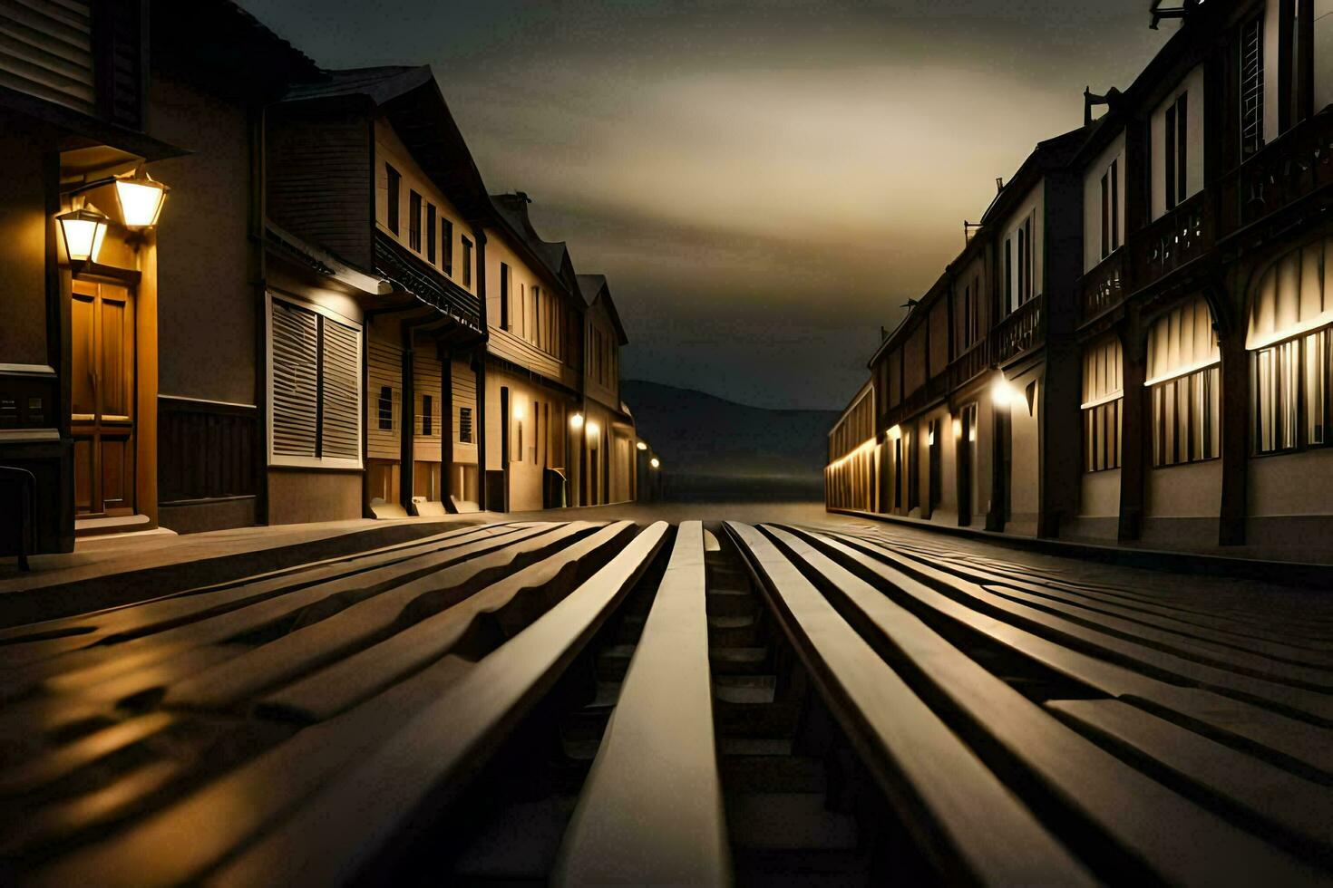 een lang leeg straat met houten borden en lichten. ai-gegenereerd foto