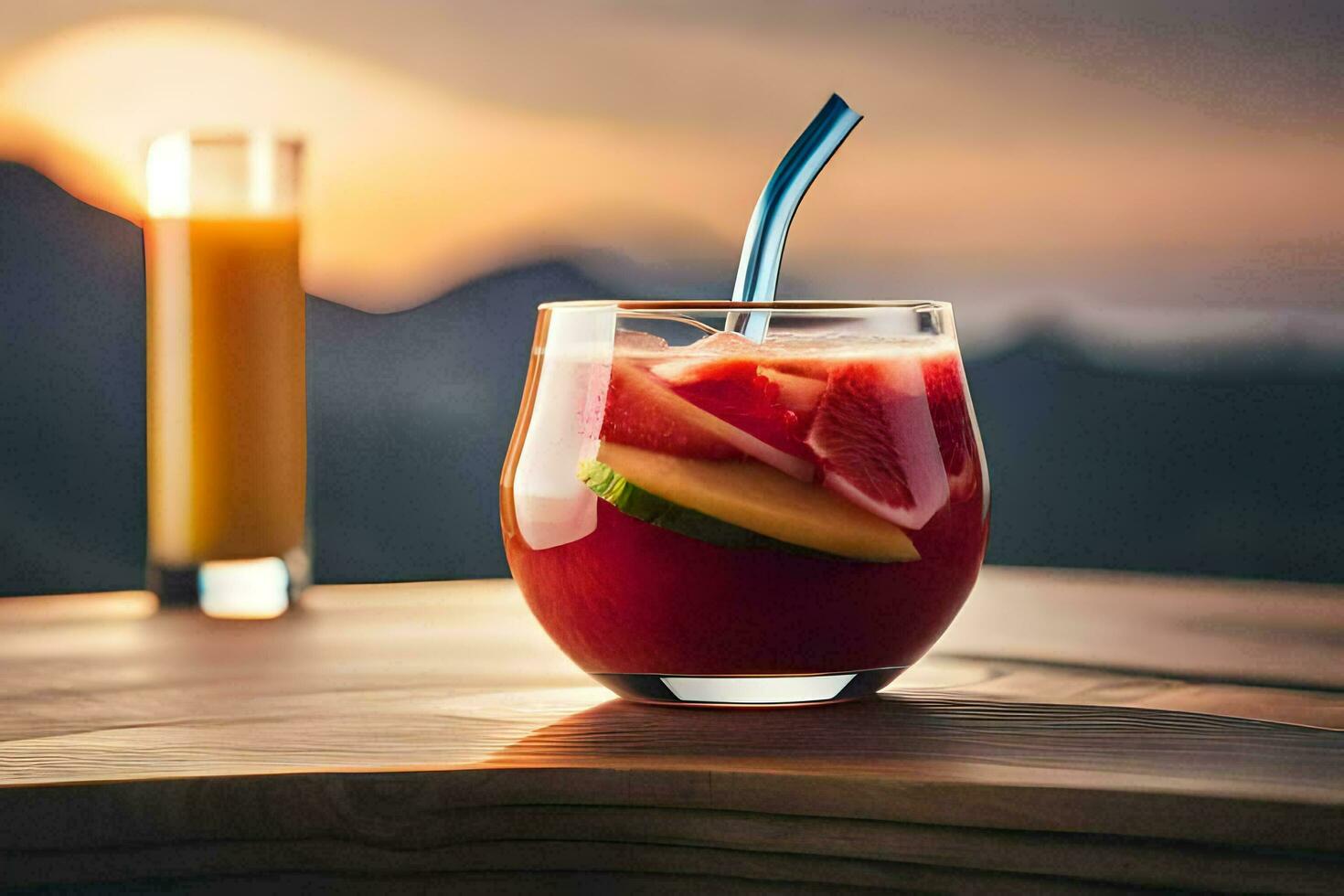 een glas van fruit sap met een rietje Aan een tafel. ai-gegenereerd foto