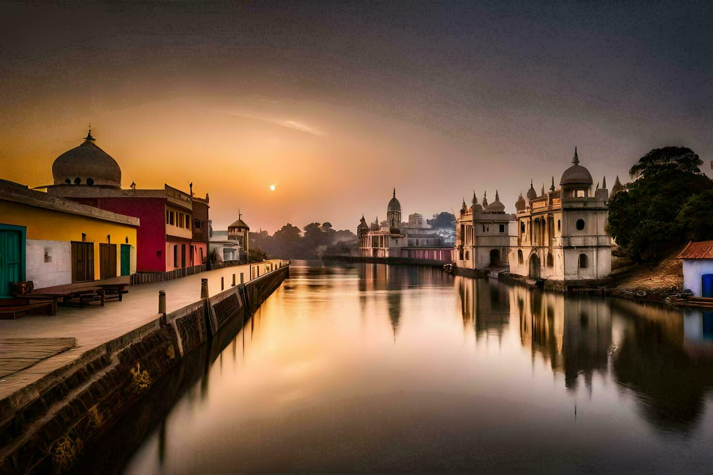 de zon stijgt over- een rivier- in Indië. ai-gegenereerd foto