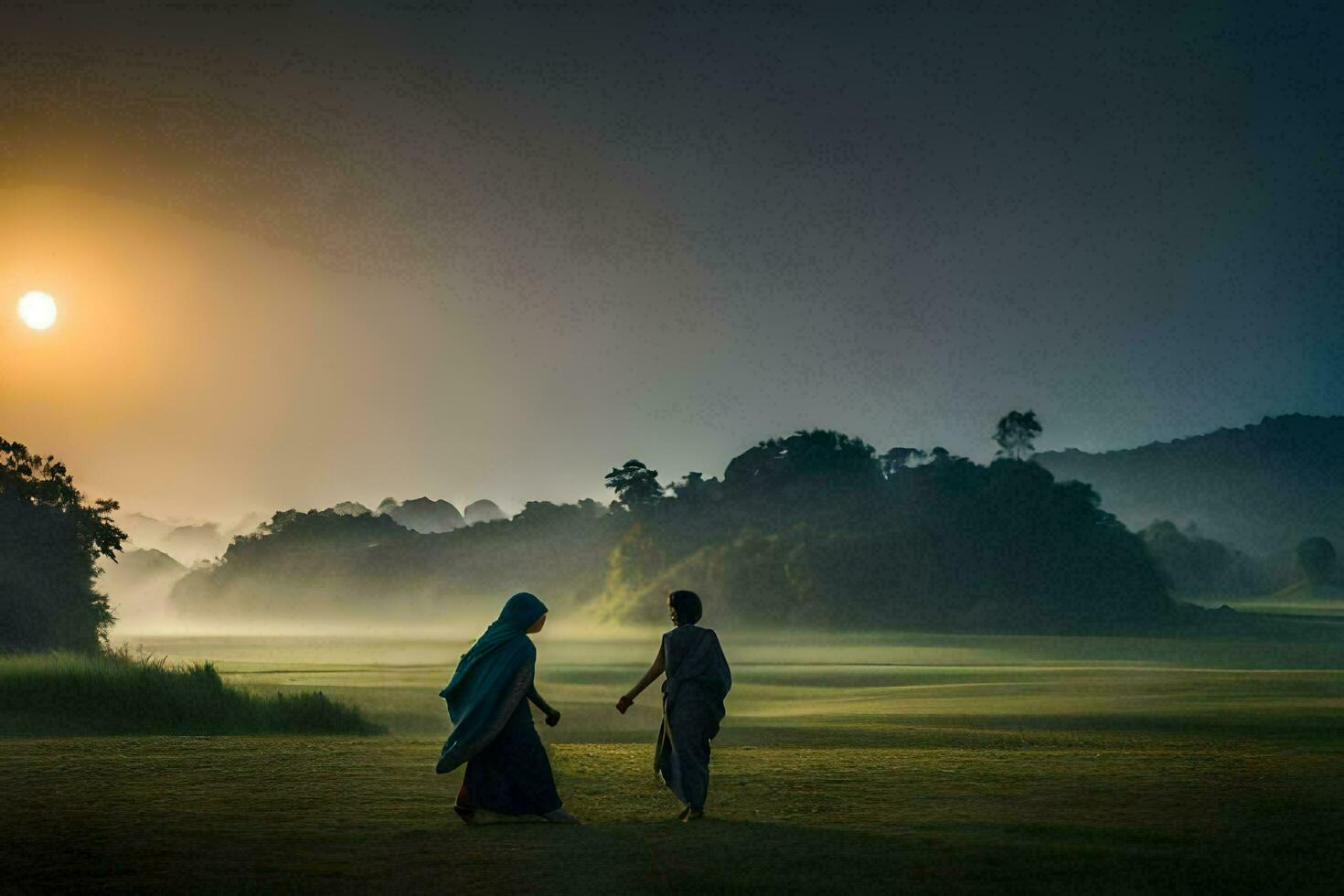 twee Dames wandelen in de veld- Bij zonsopkomst. ai-gegenereerd foto