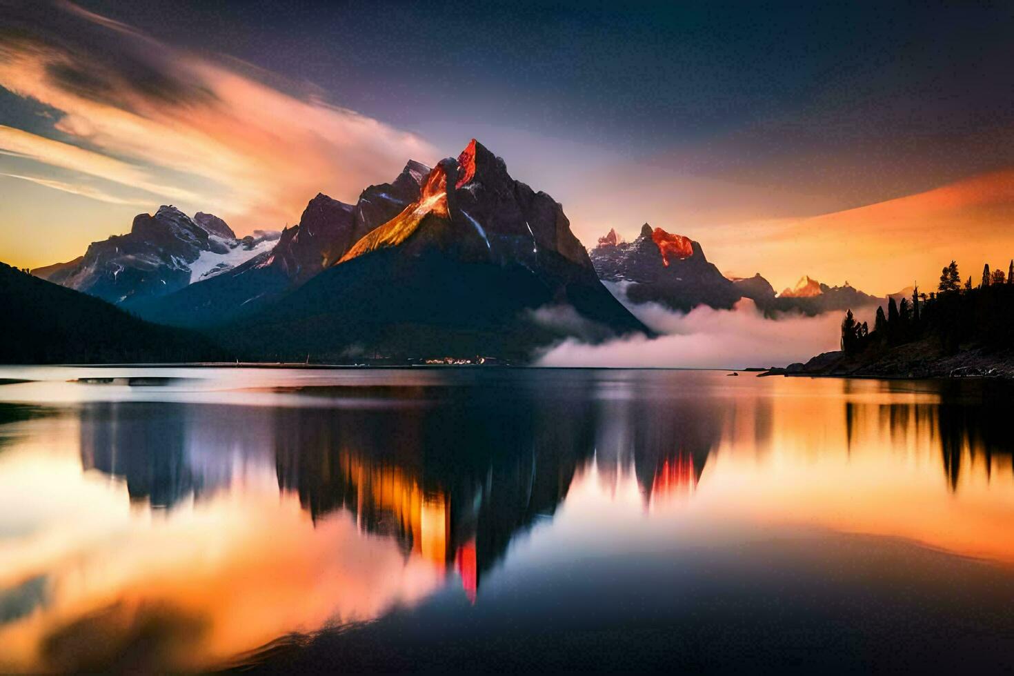 de bergen zijn weerspiegeld in de water Bij zonsondergang. ai-gegenereerd foto