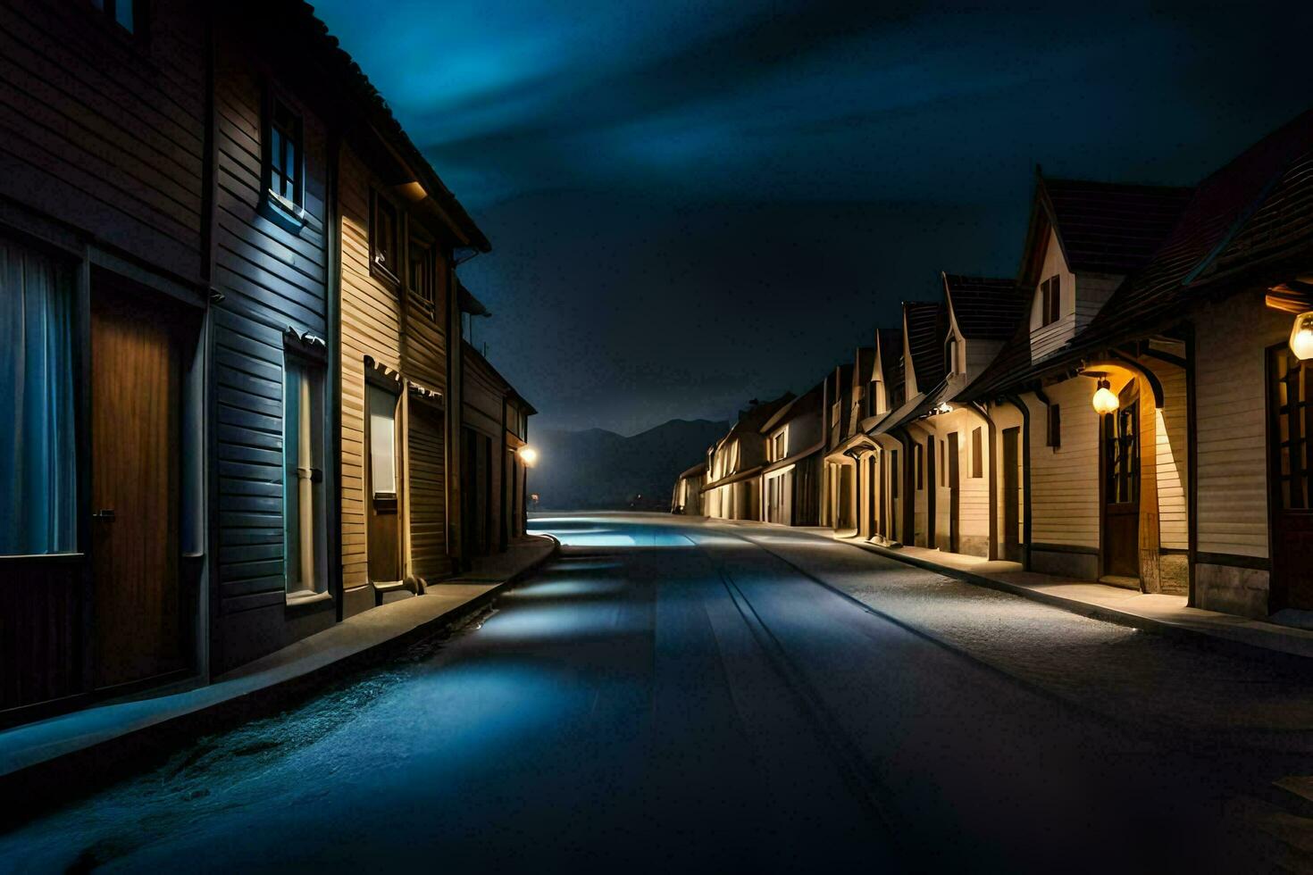 een lang blootstelling foto van een straat Bij nacht. ai-gegenereerd
