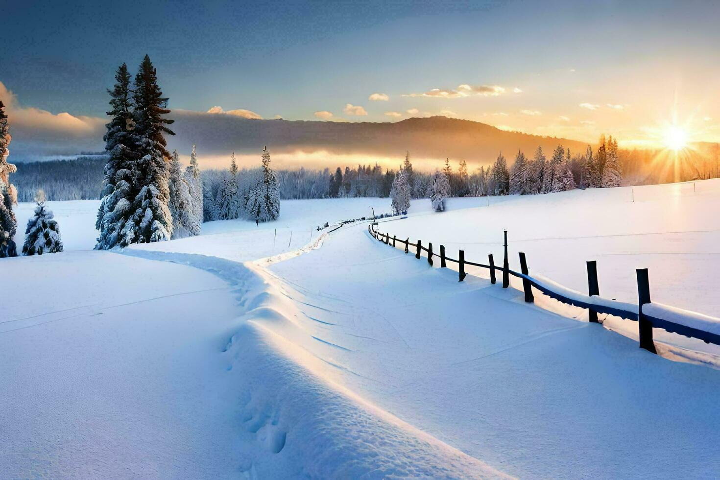 een besneeuwd landschap met een hek en bomen. ai-gegenereerd foto