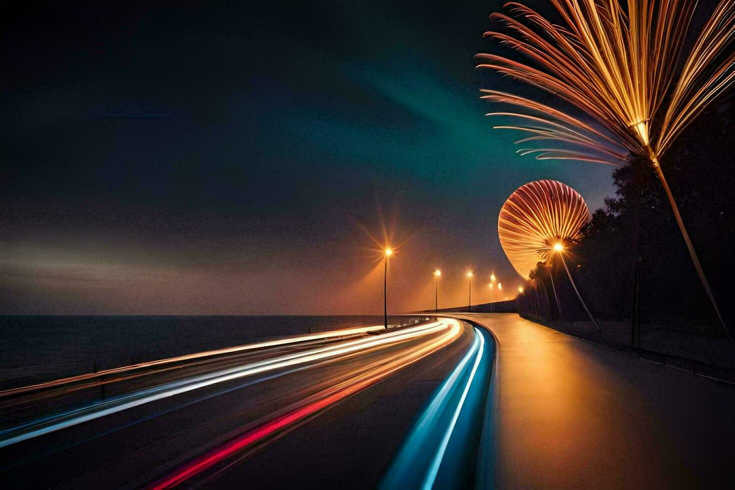 een lang blootstelling fotograaf van een auto het rijden naar beneden een weg met een ferris wiel in de achtergrond. ai-gegenereerd foto