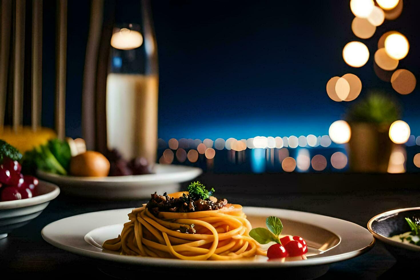 een bord van pasta met vlees en groenten Aan een tafel. ai-gegenereerd foto