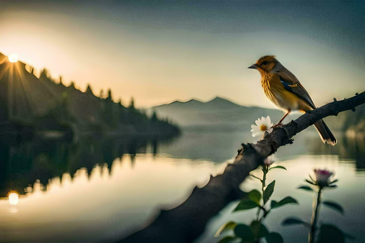 een vogel zit Aan een Afdeling in de buurt een meer Bij zonsondergang. ai-gegenereerd foto
