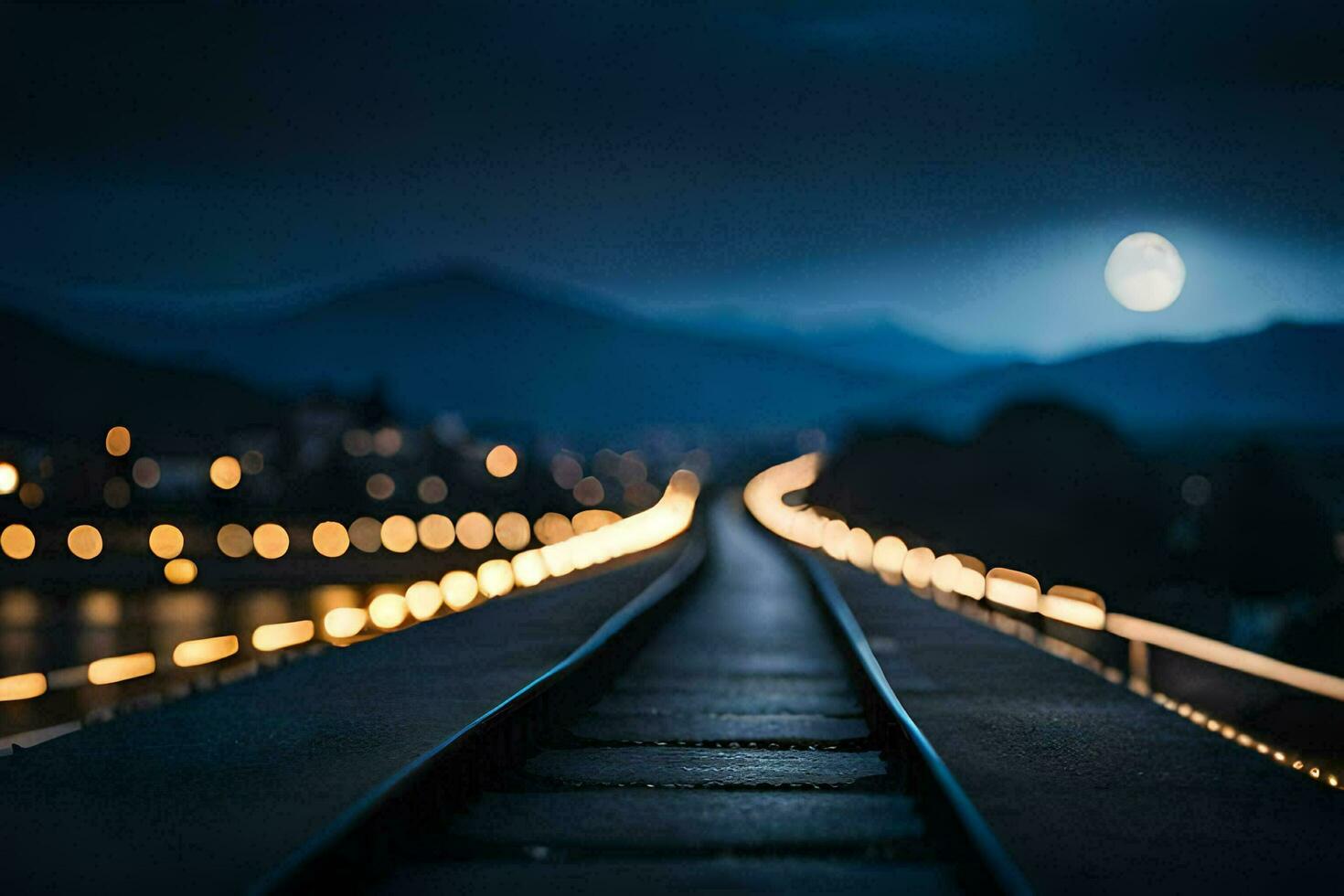 een trein bijhouden met lichten Aan het Bij nacht. ai-gegenereerd foto