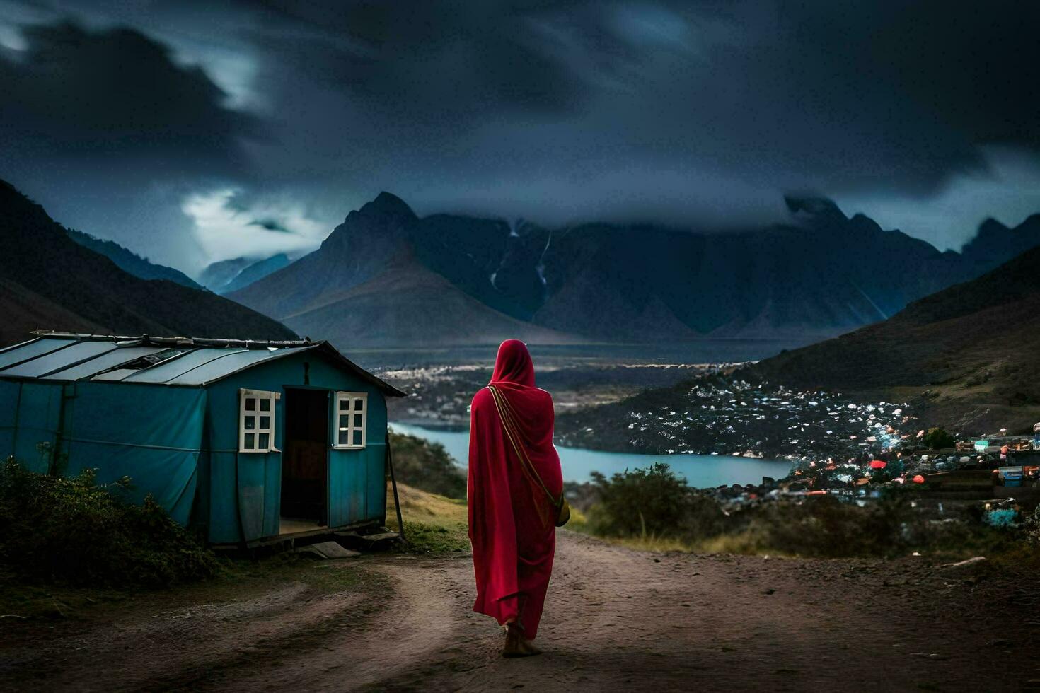 een vrouw in een rood mantel wandelingen naar beneden een aarde weg. ai-gegenereerd foto