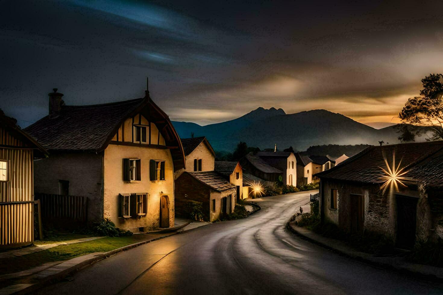 een straat in de bergen Bij schemering. ai-gegenereerd foto