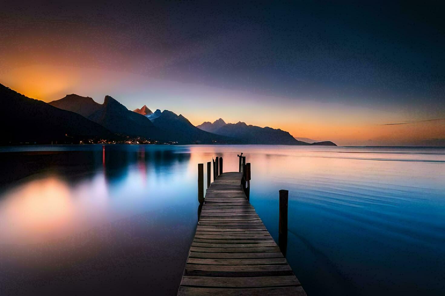 een pier in de midden- van een meer Bij zonsondergang. ai-gegenereerd foto