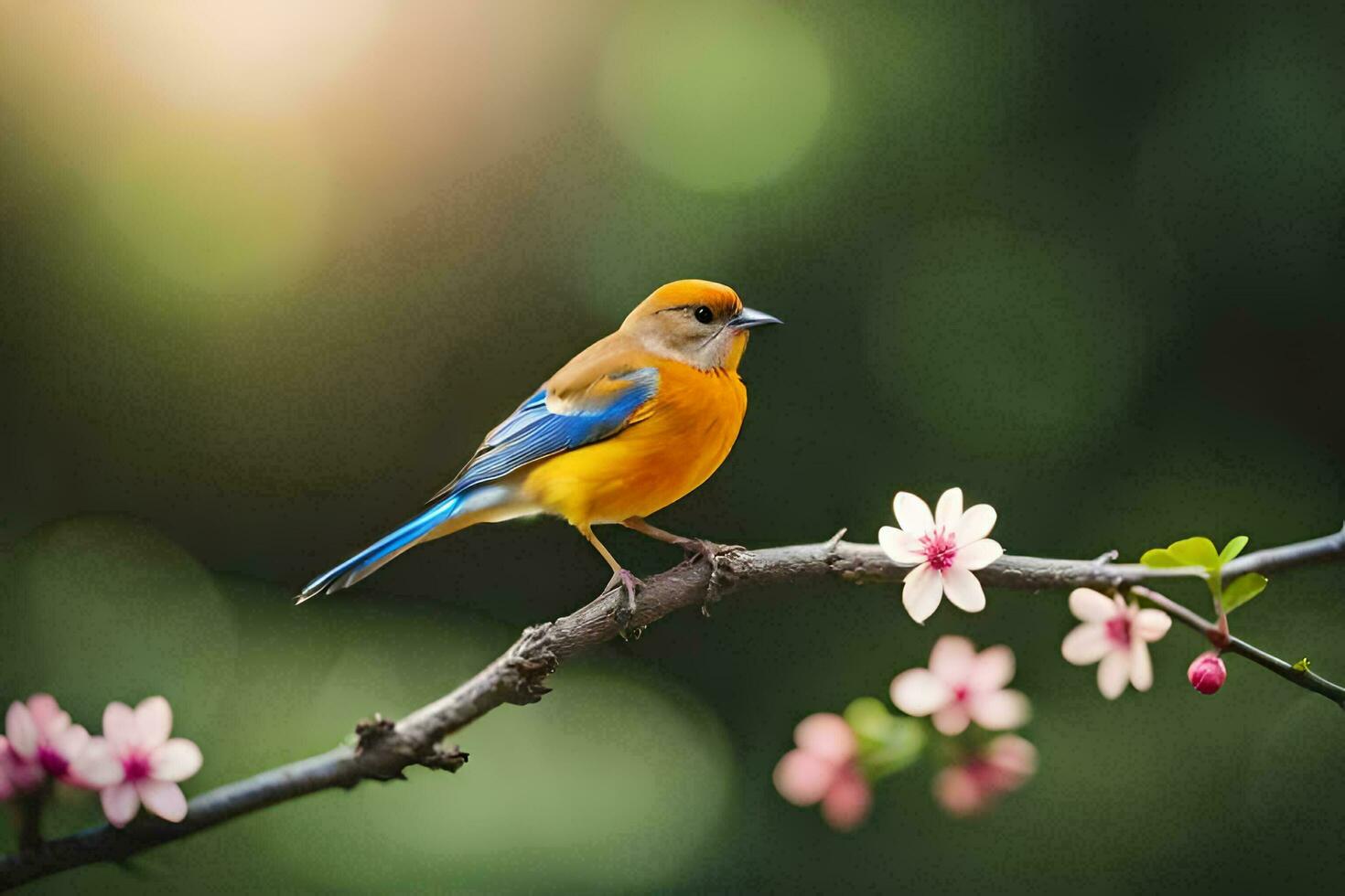 een blauw en oranje vogel zit Aan een Afdeling met roze bloemen. ai-gegenereerd foto