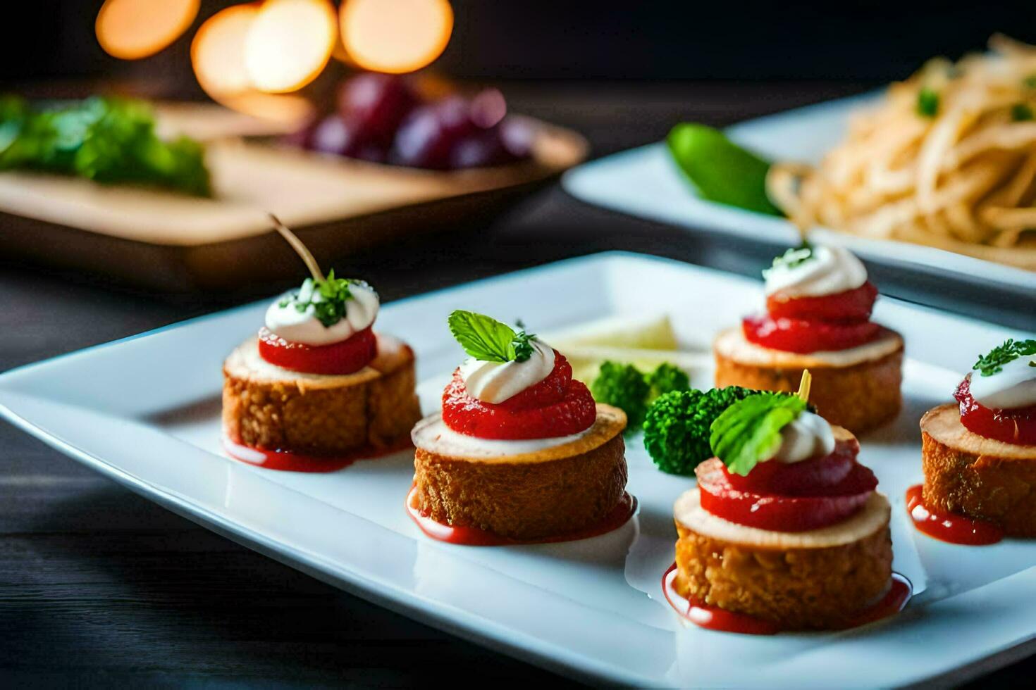 klein voorgerechten Aan wit borden met rood saus. ai-gegenereerd foto