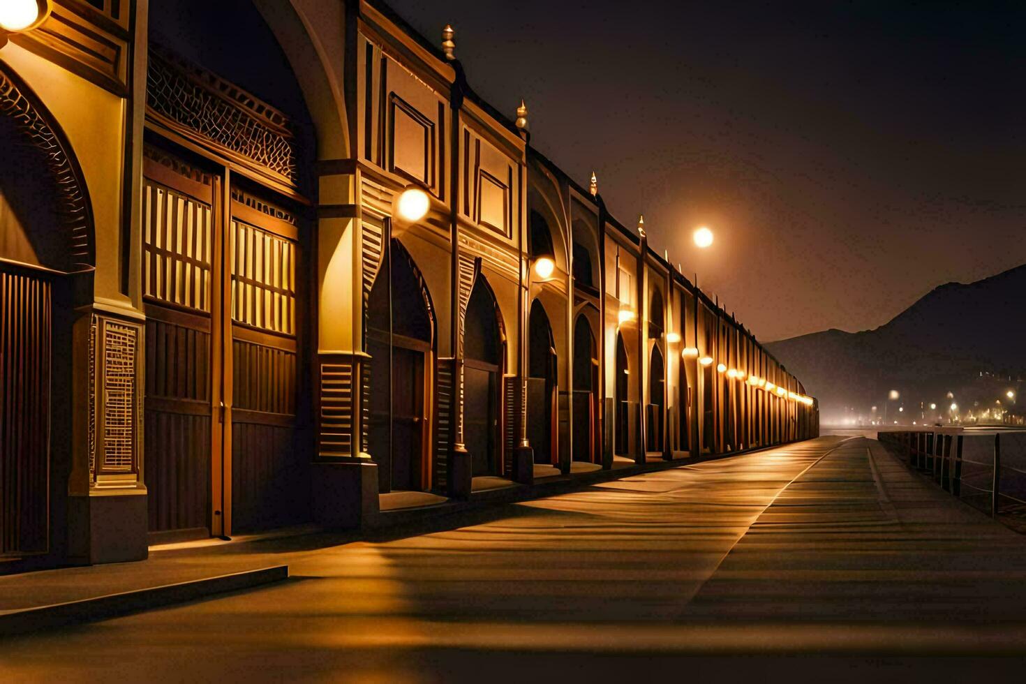 een lang loopbrug bekleed met houten gebouwen Bij nacht. ai-gegenereerd foto