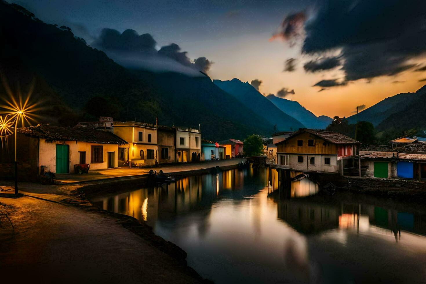 een rivier- loopt door een stad- Bij zonsondergang. ai-gegenereerd foto