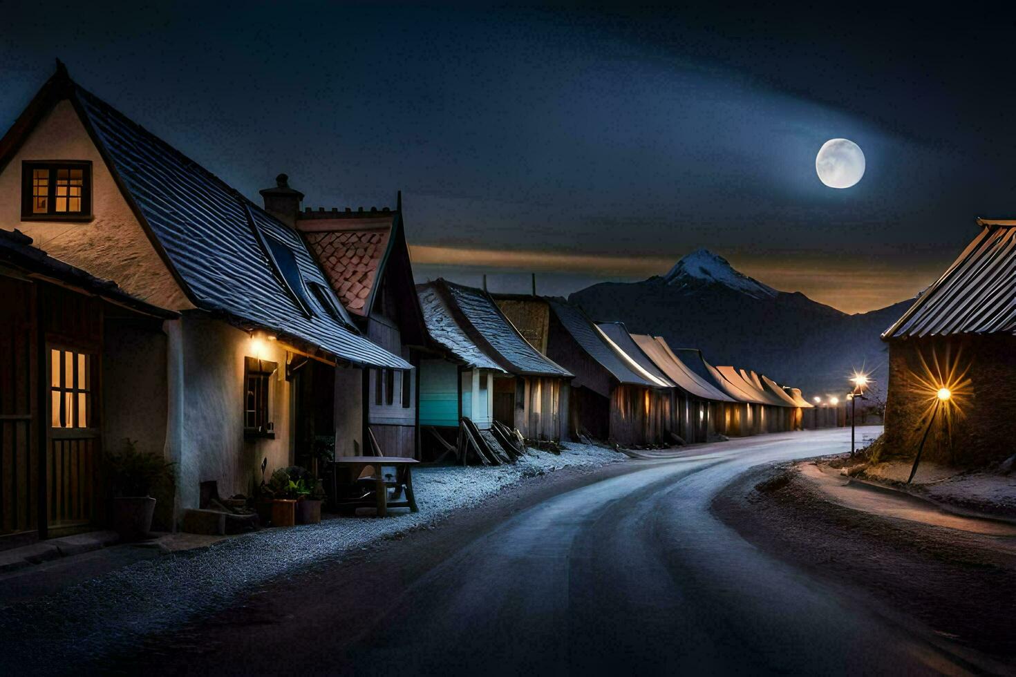 een straat in de midden- van een stad- Bij nacht. ai-gegenereerd foto