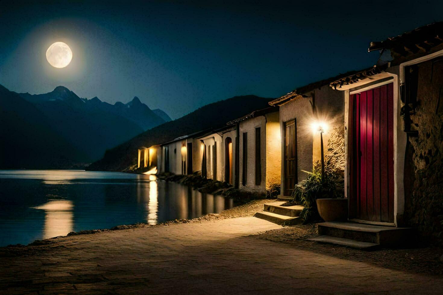 een vol maan schijnt over- een rij van huizen Aan de kust van een meer. ai-gegenereerd foto